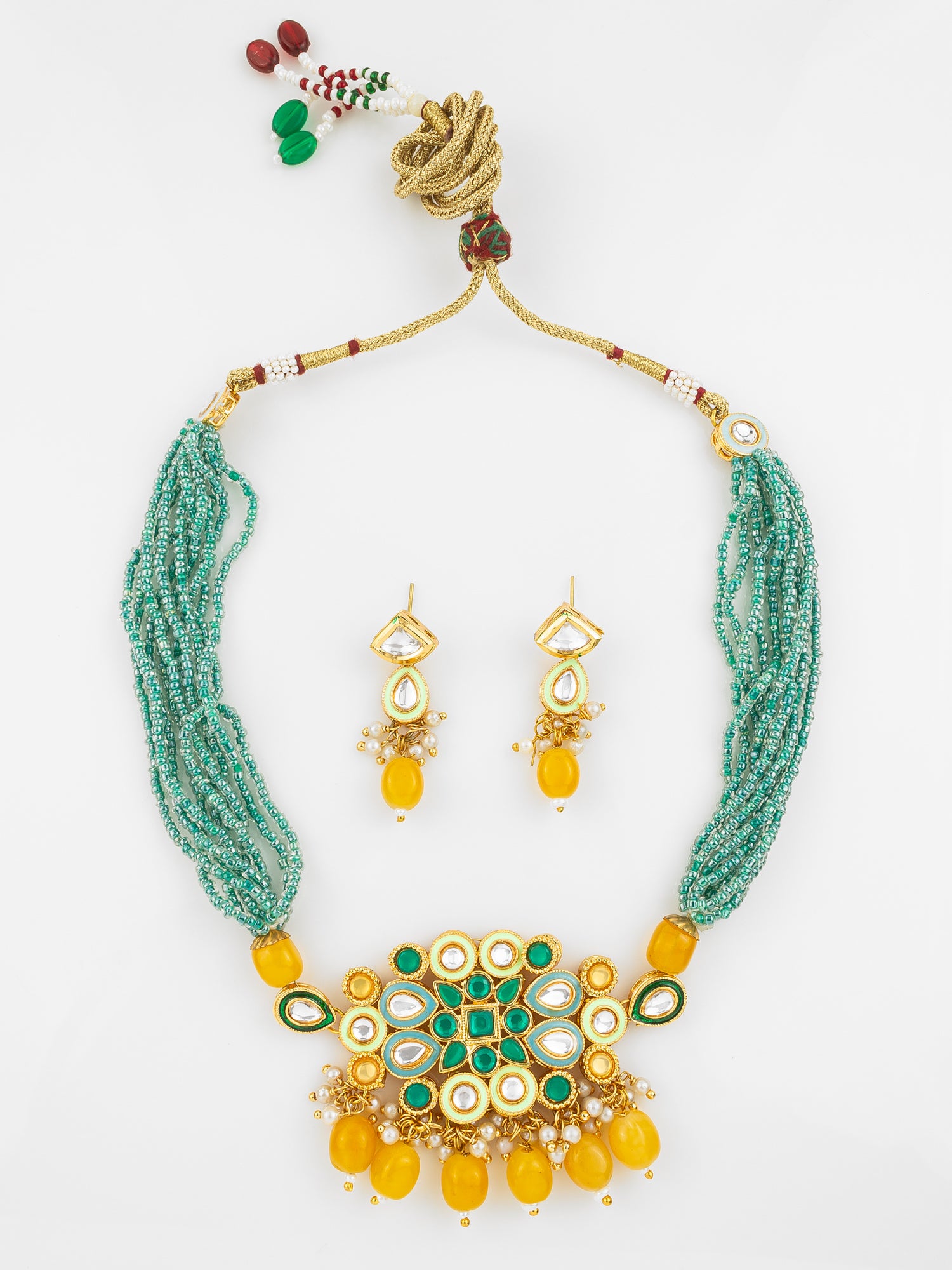 Aadita Gold Plated Green & Yellow Beaded Kundan Choker Necklace Set