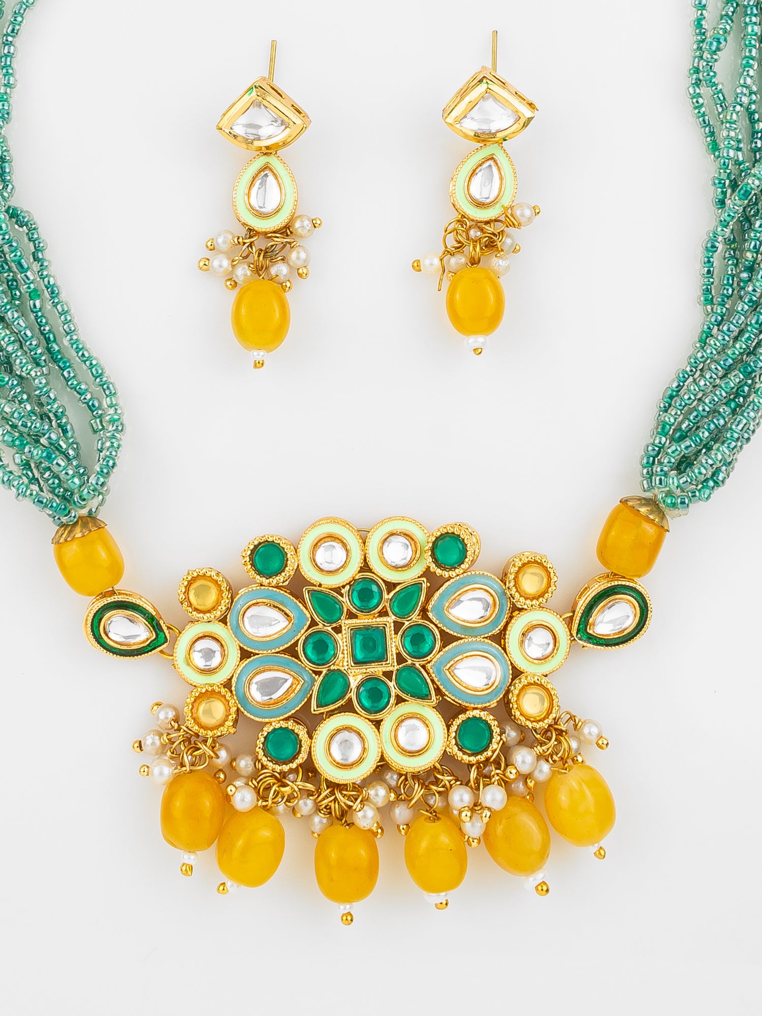 Aadita Gold Plated Green & Yellow Beaded Kundan Choker Necklace Set