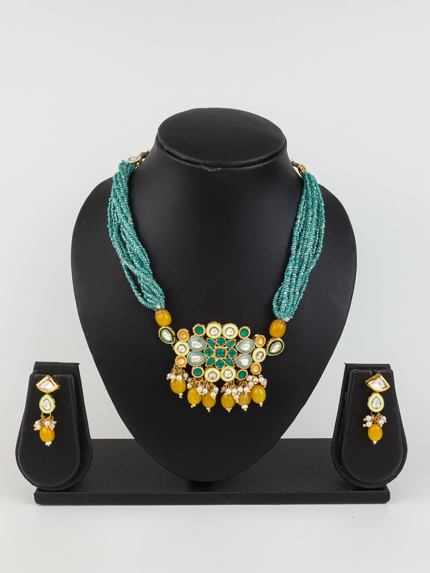Aadita Gold Plated Green & Yellow Beaded Kundan Choker Necklace Set