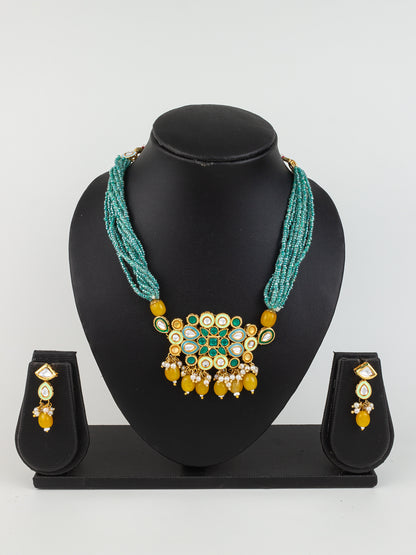 Aadita Gold Plated Green & Yellow Beaded Kundan Choker Necklace Set