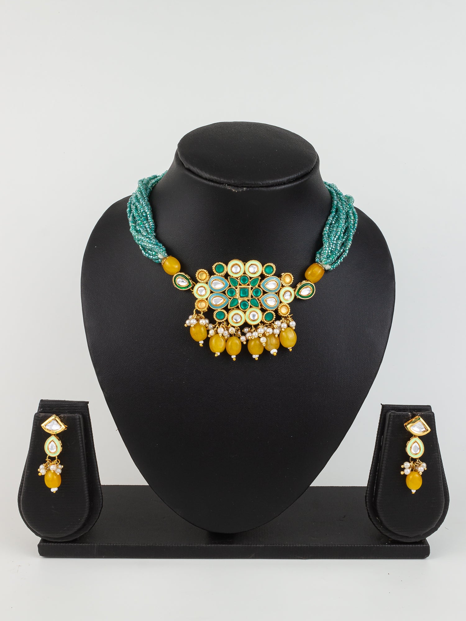 Aadita Gold Plated Green & Yellow Beaded Kundan Choker Necklace Set