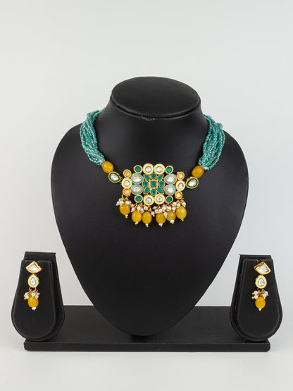 Aadita Gold Plated Green & Yellow Beaded Kundan Choker Necklace Set