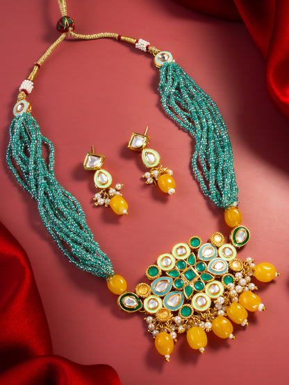Aadita Gold Plated Green & Yellow Beaded Kundan Choker Necklace Set