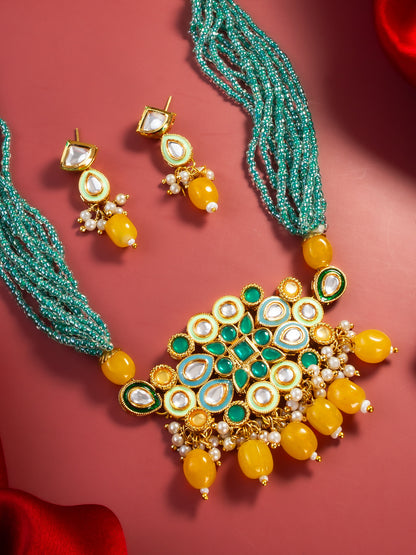 Aadita Gold Plated Green & Yellow Beaded Kundan Choker Necklace Set