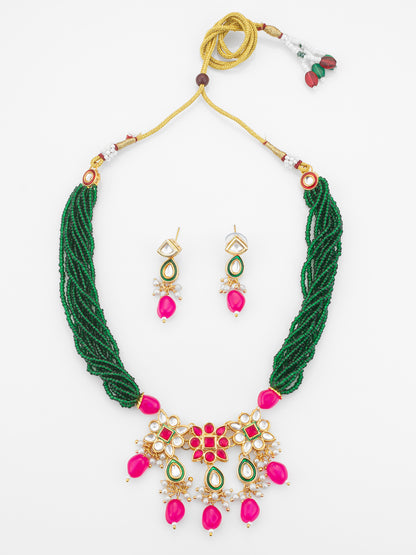 Aadita Gold Plated Pink & Green Beads Traditional Necklace Set