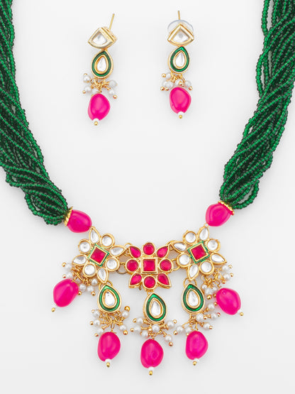 Aadita Gold Plated Pink & Green Beads Traditional Necklace Set