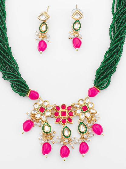 Aadita Gold Plated Pink & Green Beads Traditional Necklace Set WNK4728