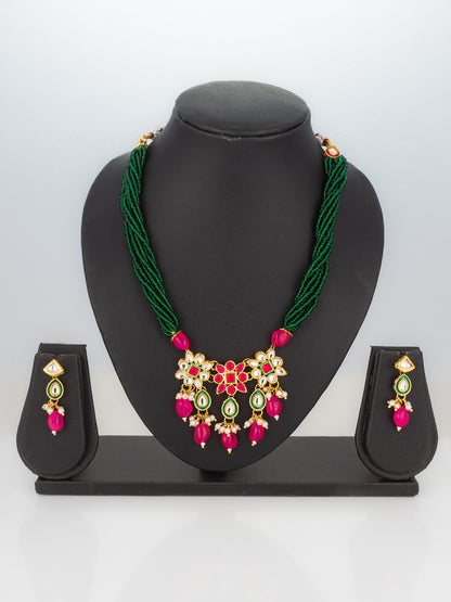 Aadita Gold Plated Pink & Green Beads Traditional Necklace Set