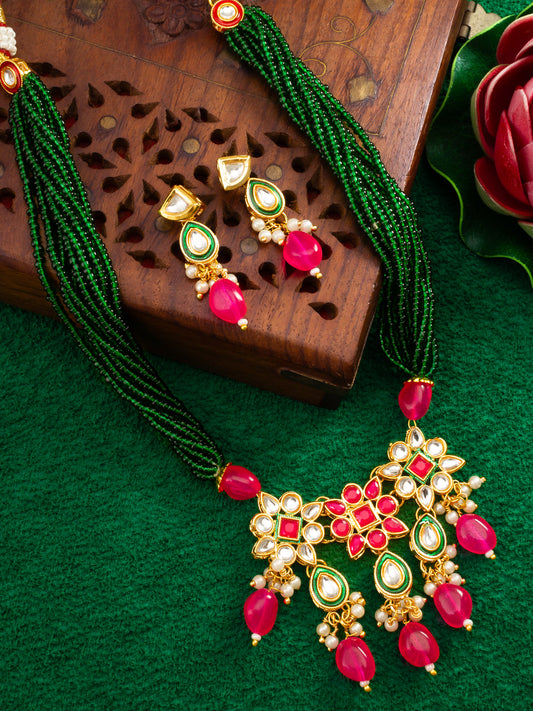 Aadita Gold Plated Pink & Green Beads Traditional Necklace Set