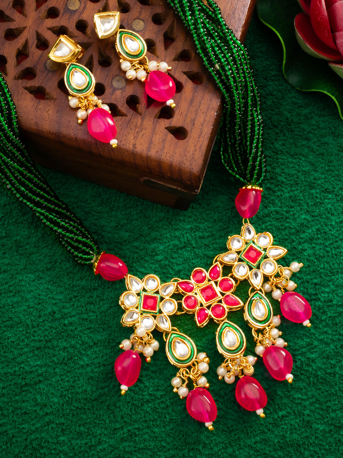 Gold Plated Pink & Green Beads Traditional Necklace Set
