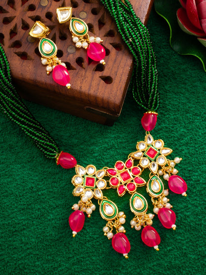 Aadita Gold Plated Pink & Green Beads Traditional Necklace Set WNK4728