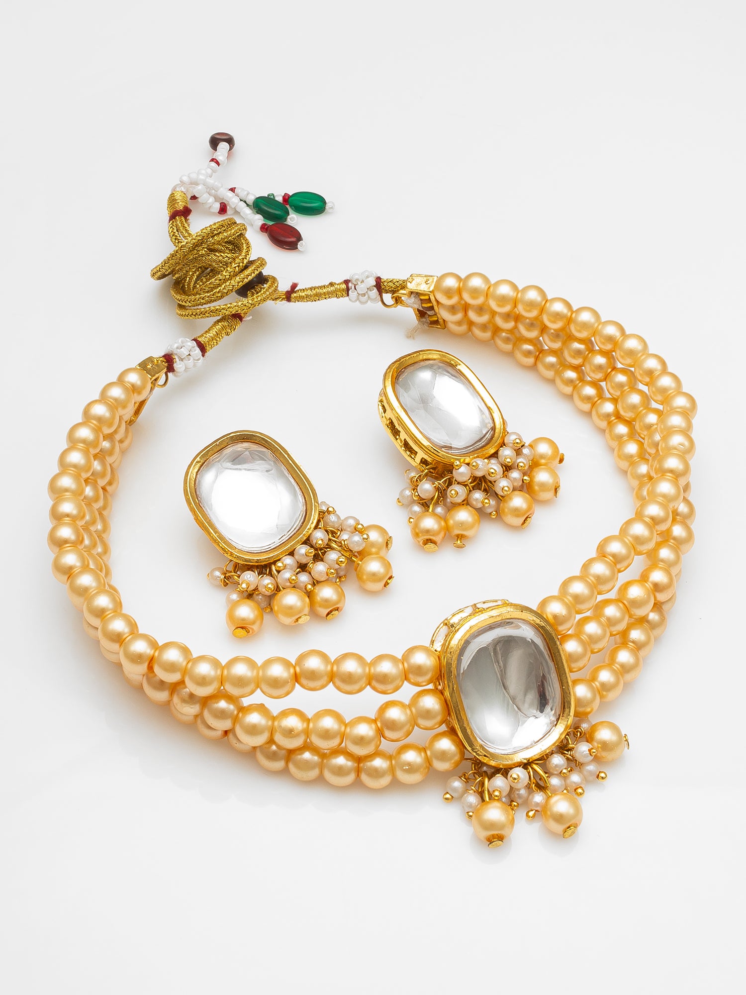 Aadita Gold-Toned Kundan Beaded Choker Necklace Set with Earrings