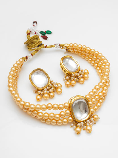 Aadita Gold-Toned Kundan Beaded Choker Necklace Set with Earrings