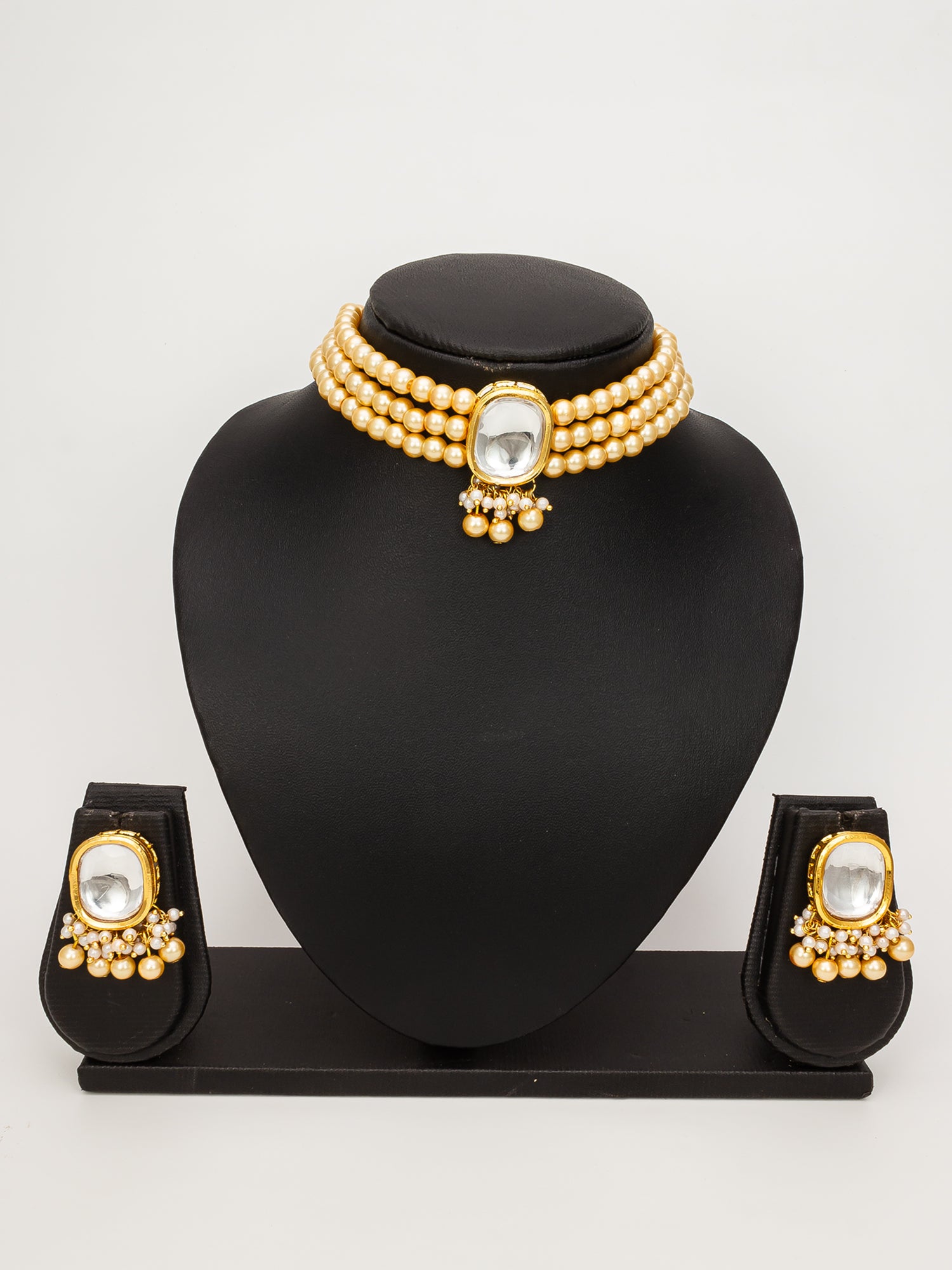 Aadita Gold-Toned Kundan Beaded Choker Necklace Set with Earrings