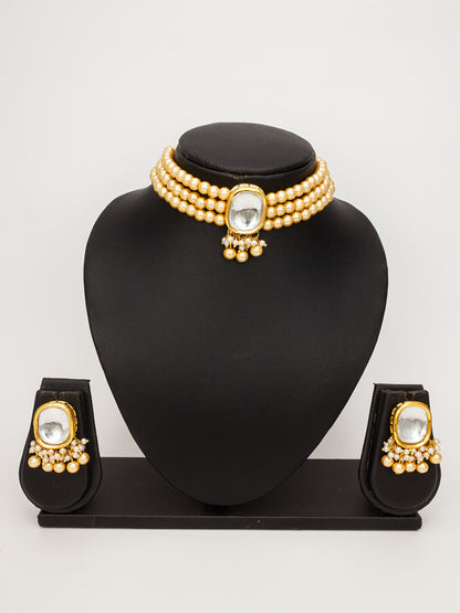 Aadita Gold-Toned Kundan Beaded Choker Necklace Set with Earrings