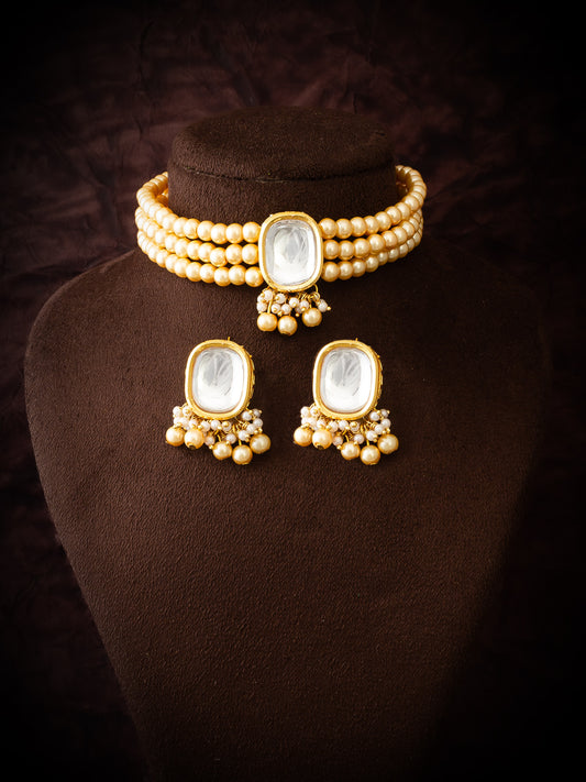 Aadita Gold-Toned Kundan Beaded Choker Necklace Set with Earrings