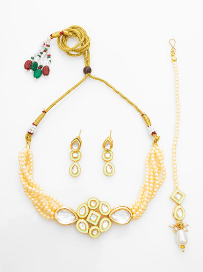 Aadita Pearl Choker Kundan Necklace Set with Maang Tikka for Women