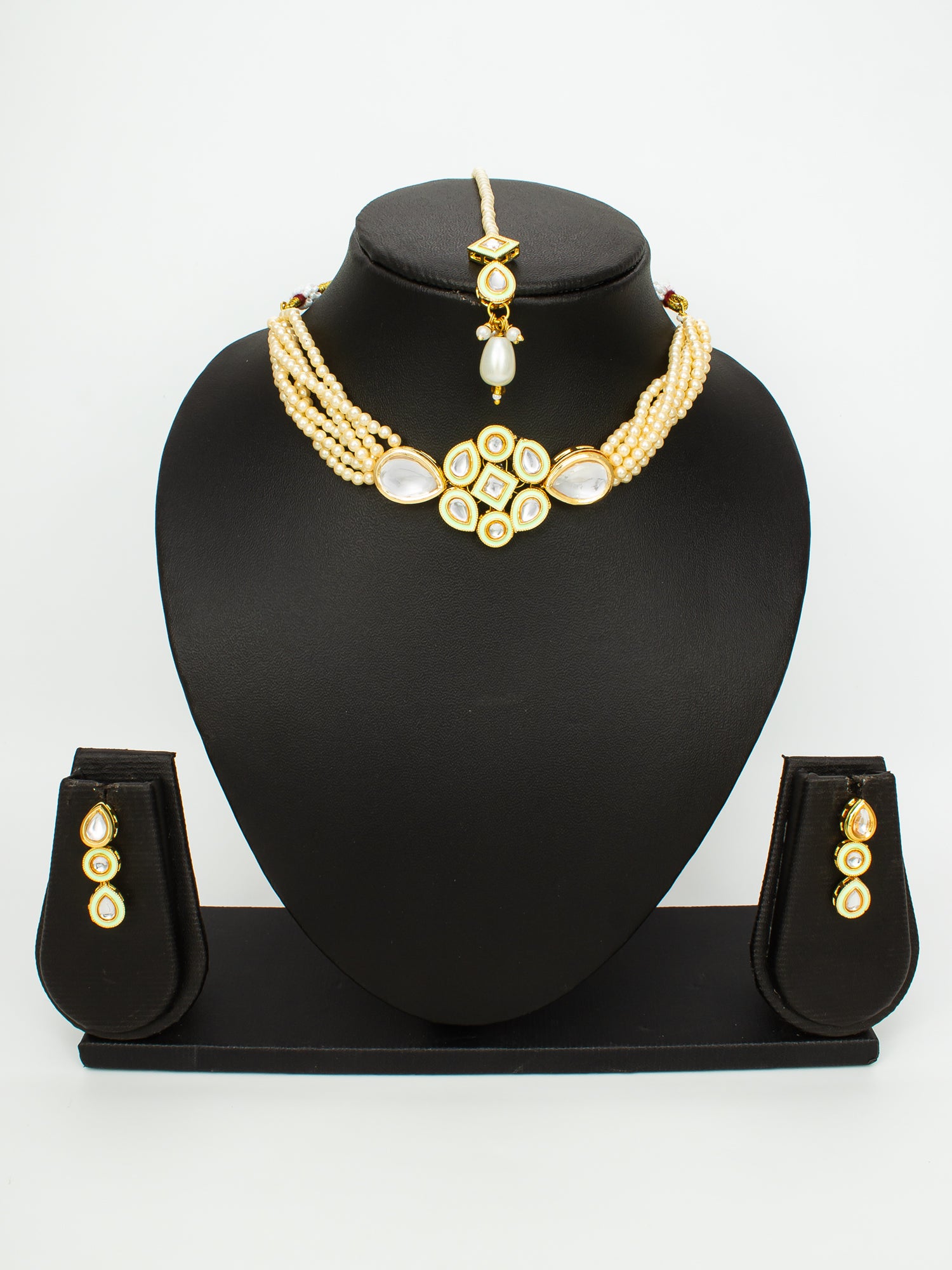 Aadita Pearl Choker Kundan Necklace Set with Maang Tikka for Women