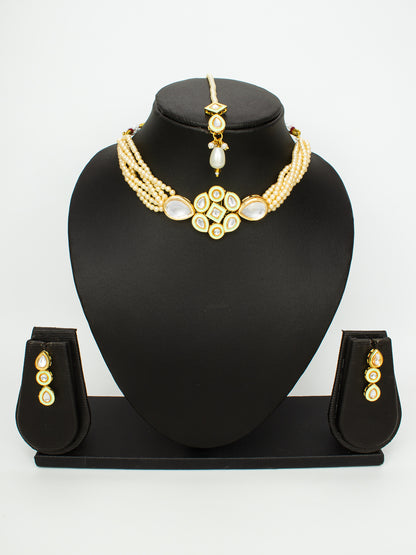 Aadita Pearl Choker Kundan Necklace Set with Maang Tikka for Women