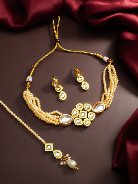 Aadita Pearl Choker Kundan Necklace Set with Maang Tikka for Women