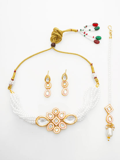 Aadita White Kundan Pearl Bridal Necklace Set with Maang Tikka