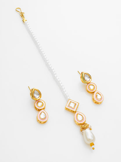 Aadita White Kundan Pearl Bridal Necklace Set with Maang Tikka