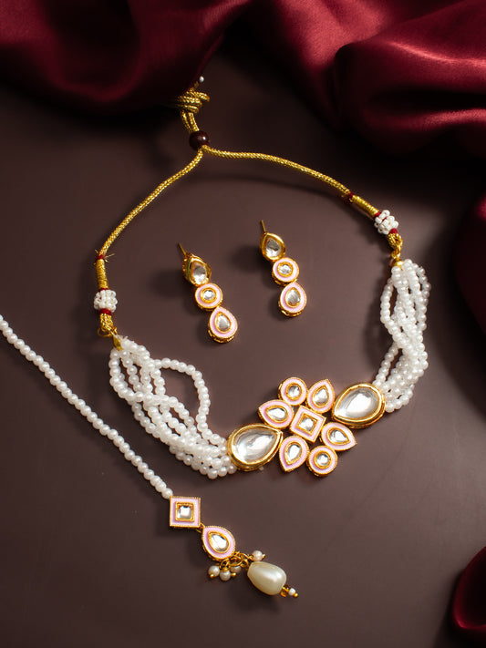 Aadita White Kundan Pearl Bridal Necklace Set with Maang Tikka
