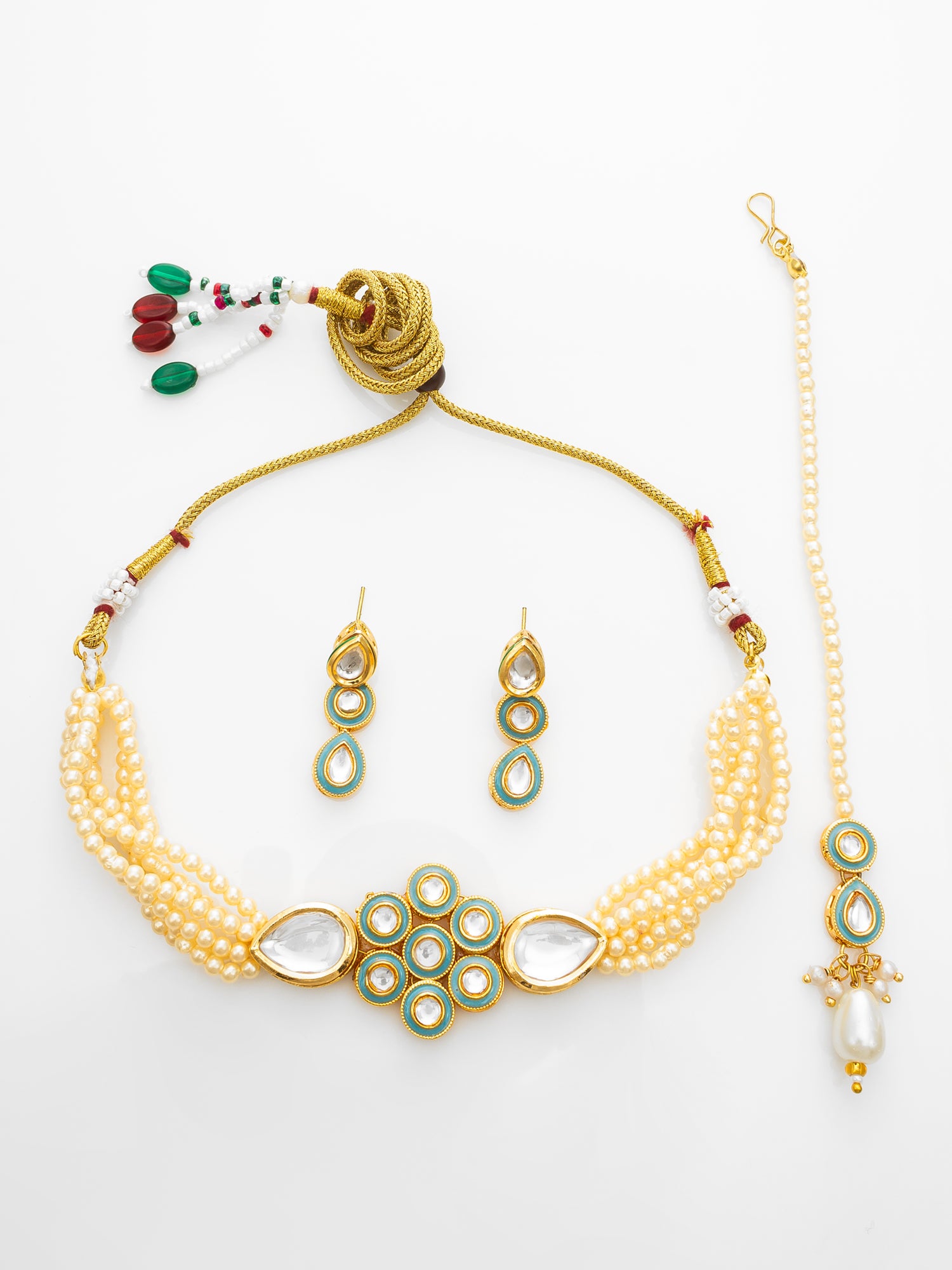 Aadita Gold Plated Kundan Choker Necklace Set with Green Enamel and Maang Tikka