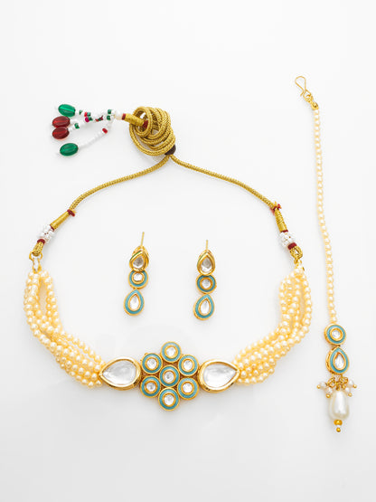 Aadita Gold Plated Kundan Choker Necklace Set with Green Enamel and Maang Tikka