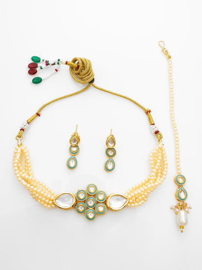 Aadita Gold Plated Kundan Choker Necklace Set with Green Enamel and Maang Tikka WNK4734