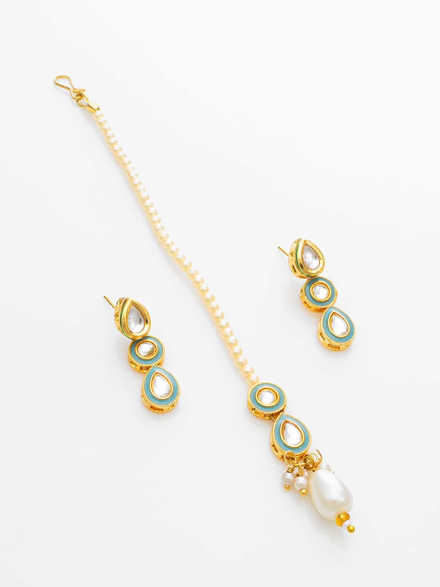 Aadita Gold Plated Kundan Choker Necklace Set with Green Enamel and Maang Tikka