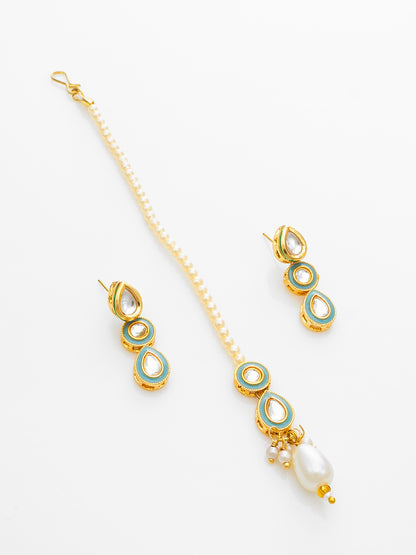 Aadita Gold Plated Kundan Choker Necklace Set with Green Enamel and Maang Tikka