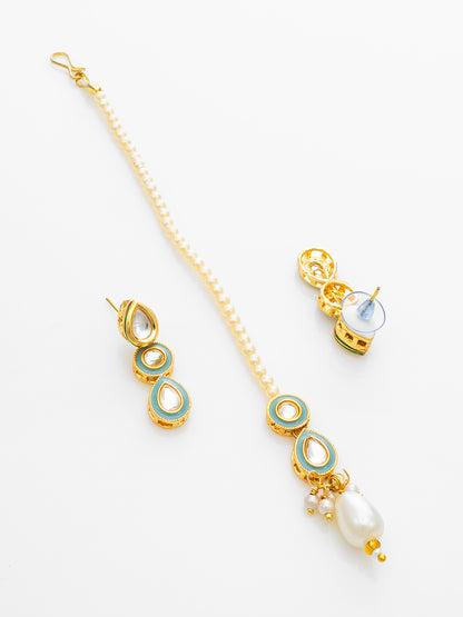 Aadita Gold Plated Kundan Choker Necklace Set with Green Enamel and Maang Tikka