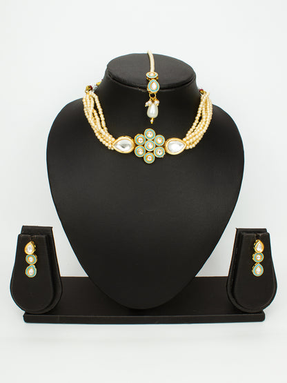 Aadita Gold Plated Kundan Choker Necklace Set with Green Enamel and Maang Tikka