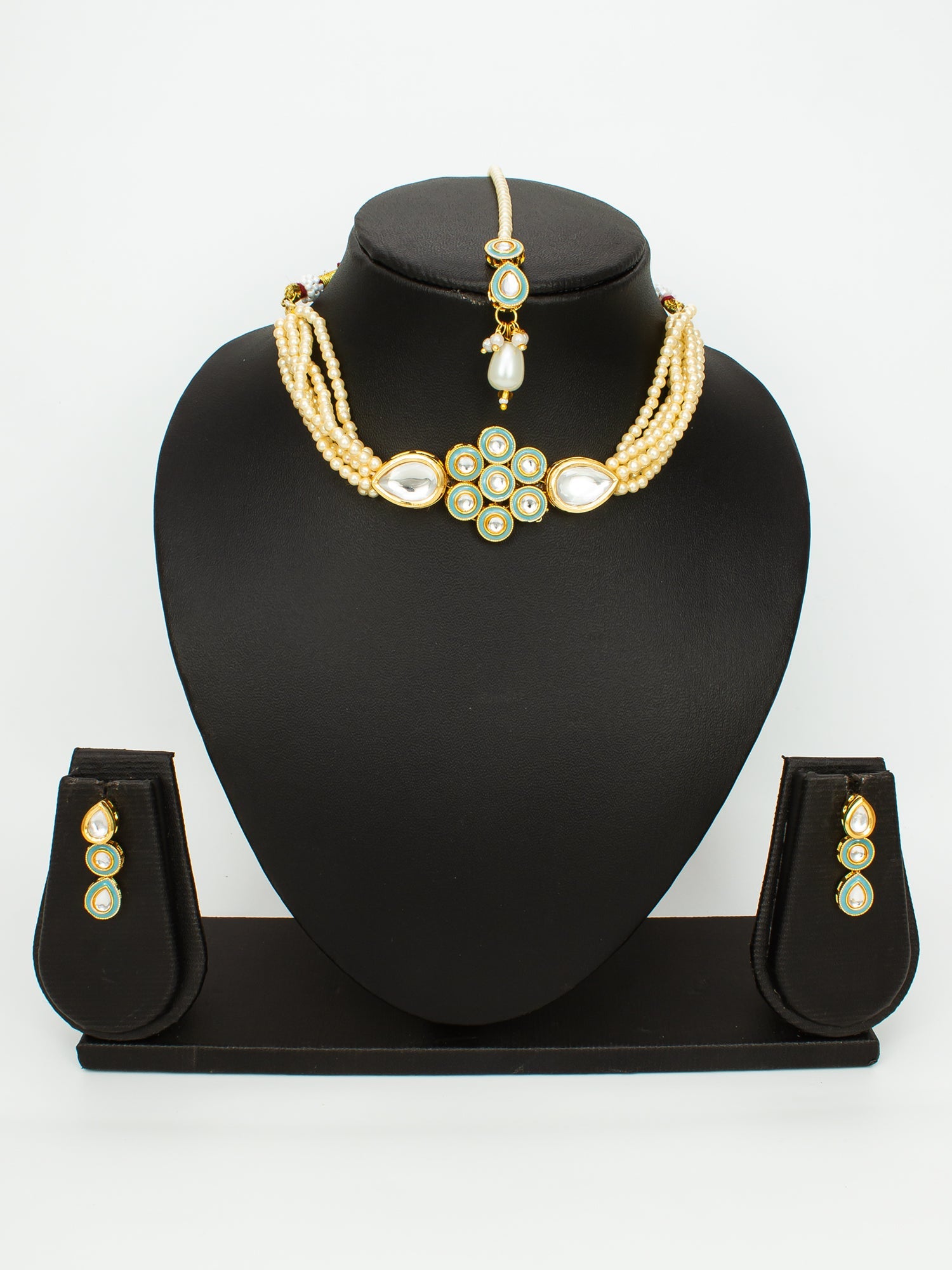 Aadita Gold Plated Kundan Choker Necklace Set with Green Enamel and Maang Tikka WNK4734