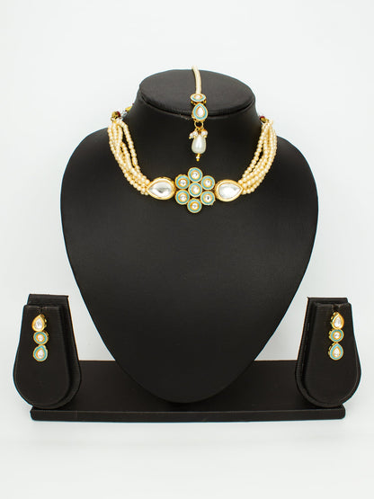Aadita Gold Plated Kundan Choker Necklace Set with Green Enamel and Maang Tikka WNK4734