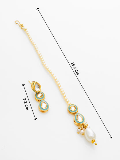 Aadita Gold Plated Kundan Choker Necklace Set with Green Enamel and Maang Tikka