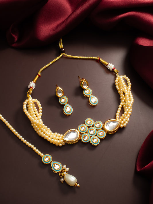 Aadita Gold Plated Kundan Choker Necklace Set with Green Enamel and Maang Tikka