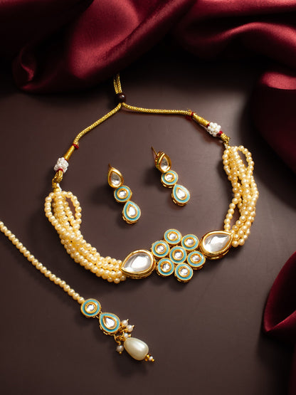 Aadita Gold Plated Kundan Choker Necklace Set with Green Enamel and Maang Tikka WNK4734