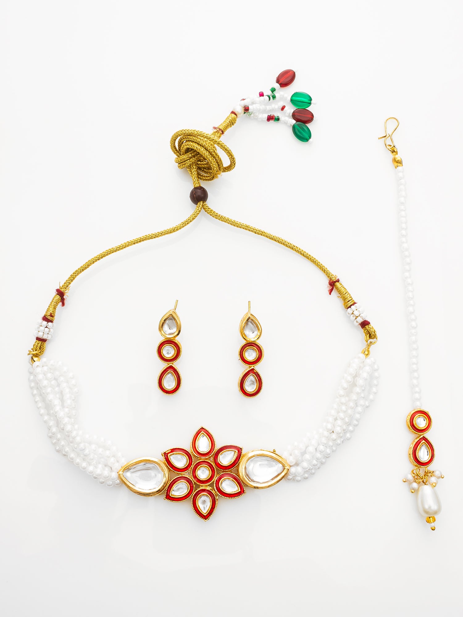 Aadita Red & White Kundan Pearl Choker Necklace Set with Maang Tikka for Women