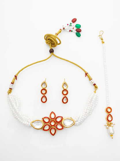 Aadita Red & White Kundan Pearl Choker Necklace Set with Maang Tikka for Women