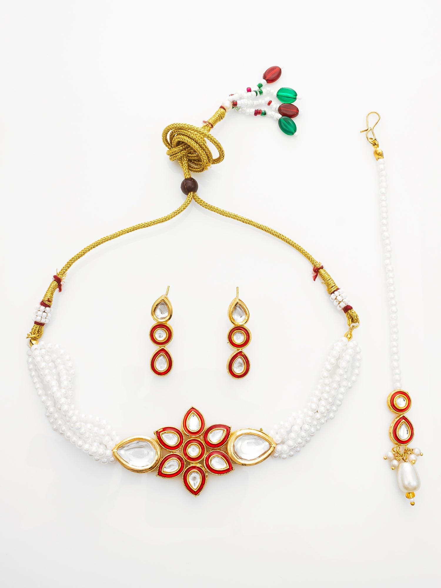 Aadita Red & White Kundan Pearl Choker Necklace Set with Maang Tikka for Women WNK4735