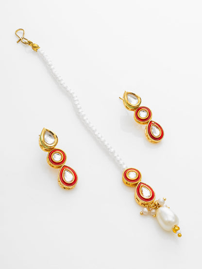 Aadita Red & White Kundan Pearl Choker Necklace Set with Maang Tikka for Women WNK4735