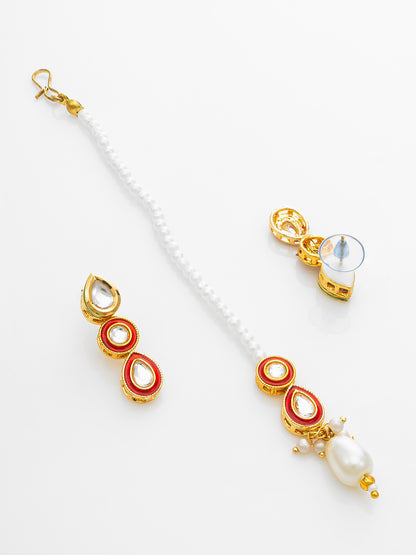 Aadita Red & White Kundan Pearl Choker Necklace Set with Maang Tikka for Women