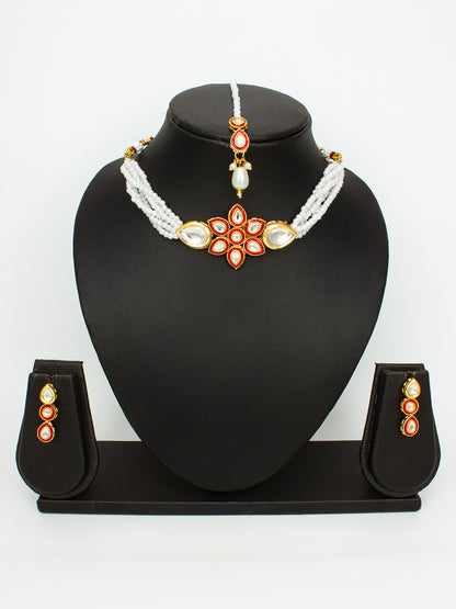 Aadita Red & White Kundan Pearl Choker Necklace Set with Maang Tikka for Women