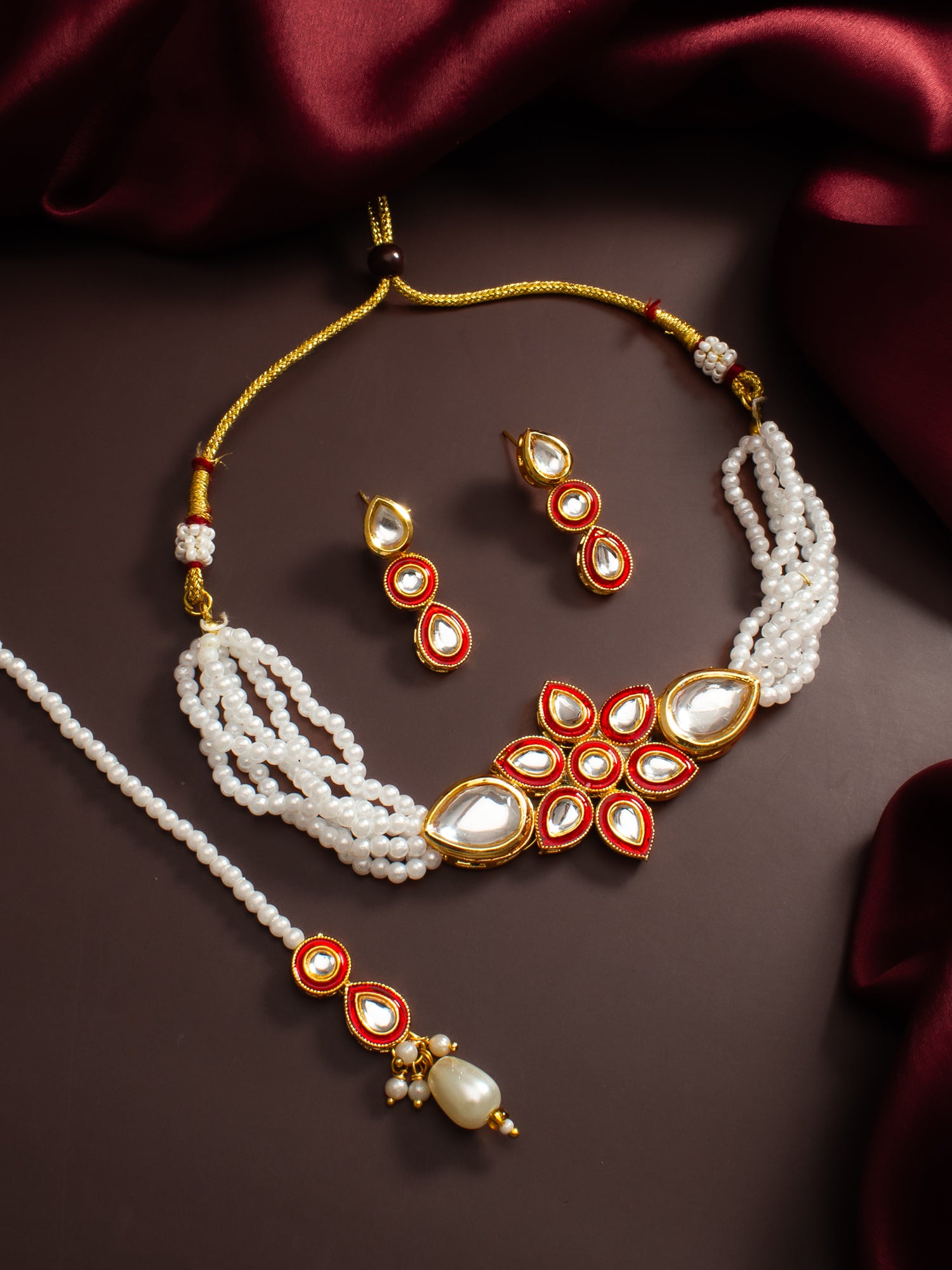 Aadita Red & White Kundan Pearl Choker Necklace Set with Maang Tikka for Women