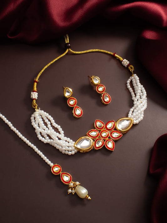 Aadita Red & White Kundan Pearl Choker Necklace Set with Maang Tikka for Women