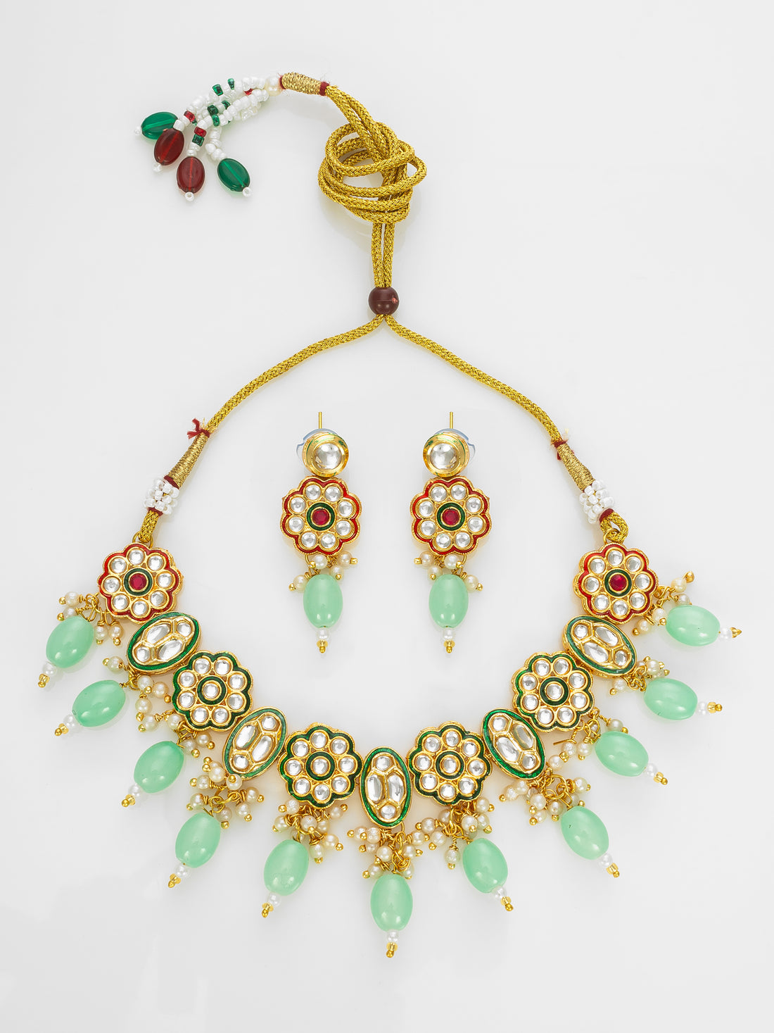 Gold Plated Mint Green Kundan Necklace Set for Women