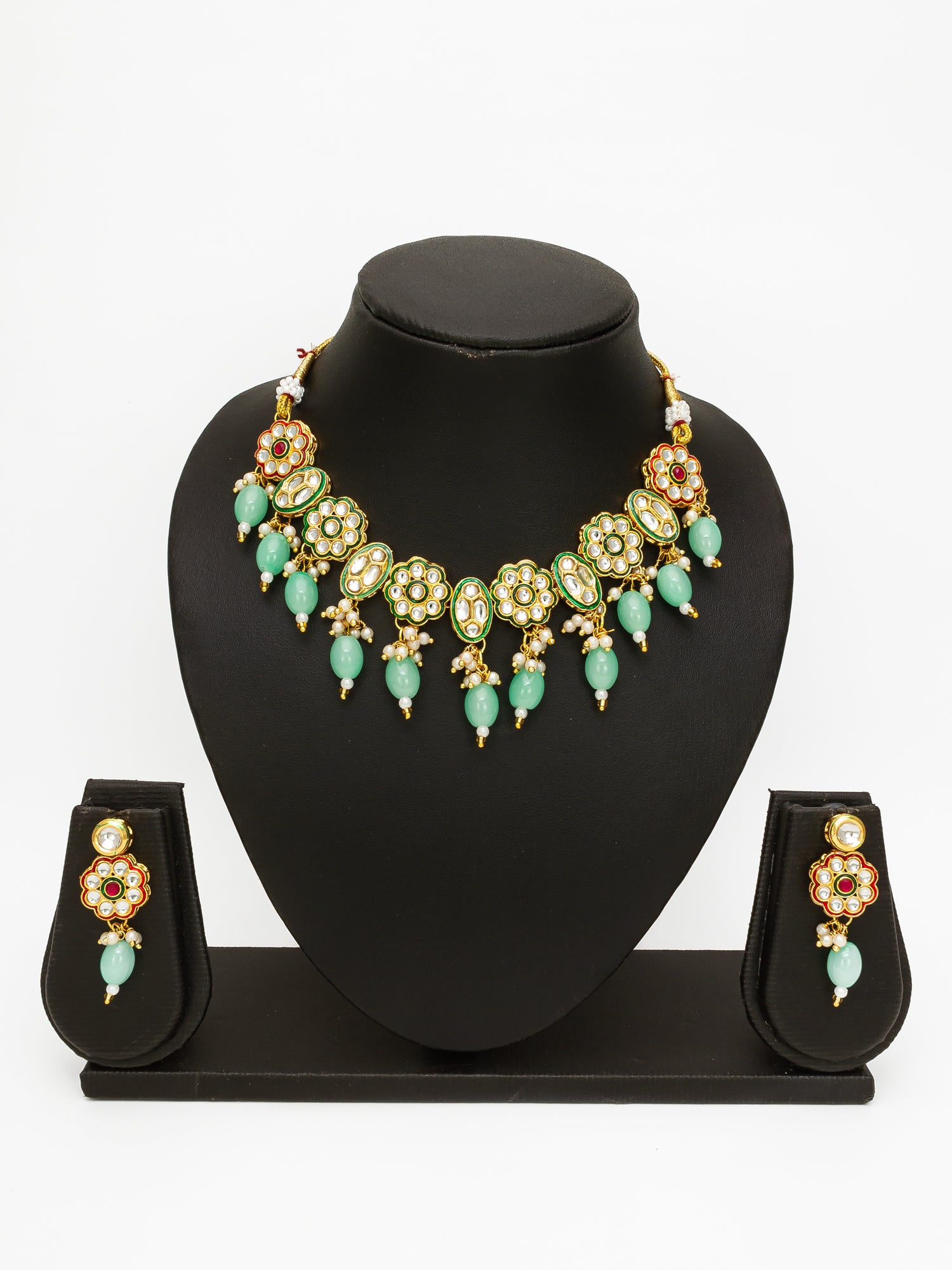 Aadita Gold Plated Mint Green Kundan Necklace Set for Women