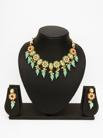 Aadita Gold Plated Mint Green Kundan Necklace Set for Women